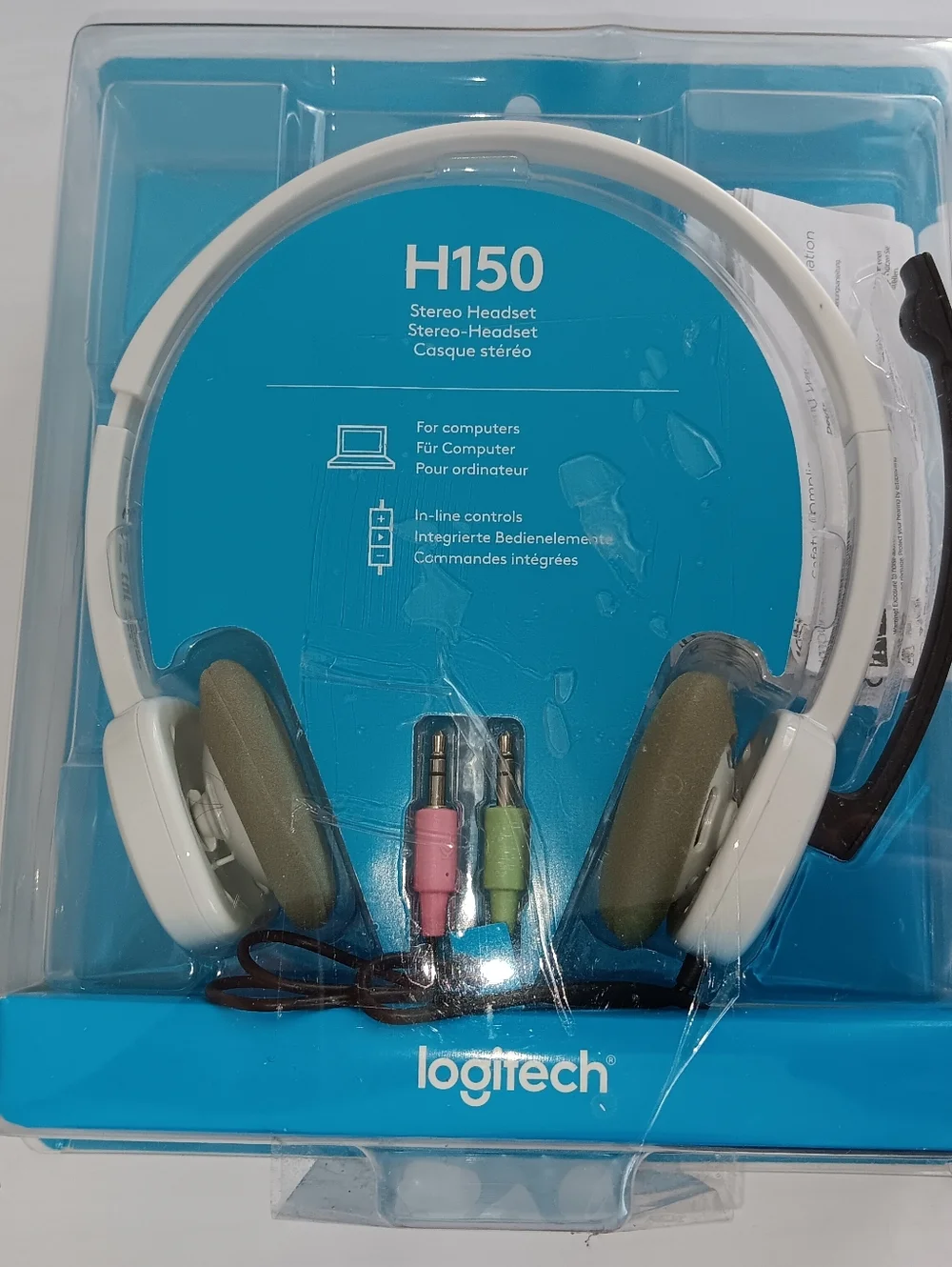 Logitech H150 White Headset with Olive Ear Pads and Pink/Green Plugs